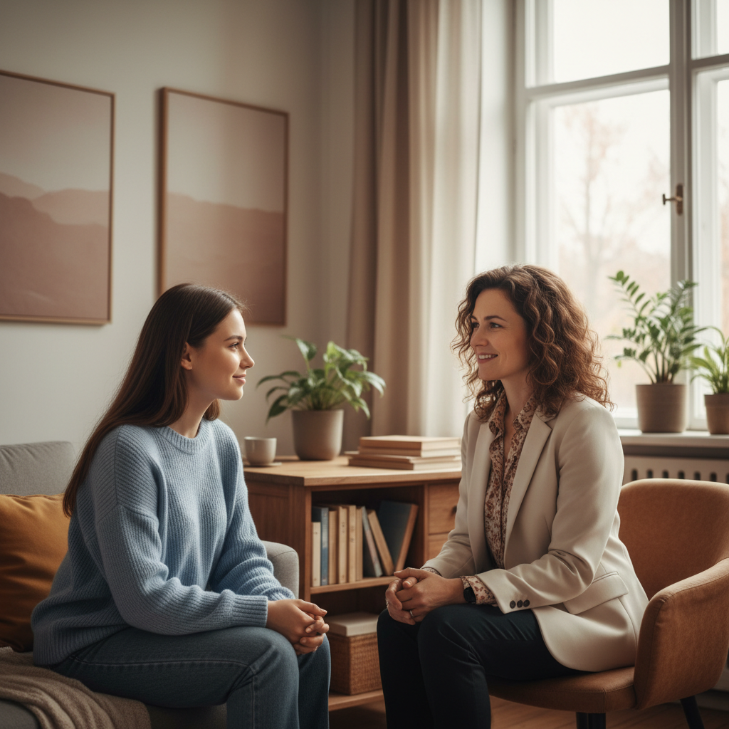 female social worker with client in office smiling